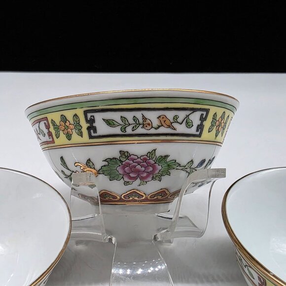 Chinese Porcelain Soup Bowls Floral Butterfly Heart Design Gold Trim 3.5" Set of - Picture 2 of 5